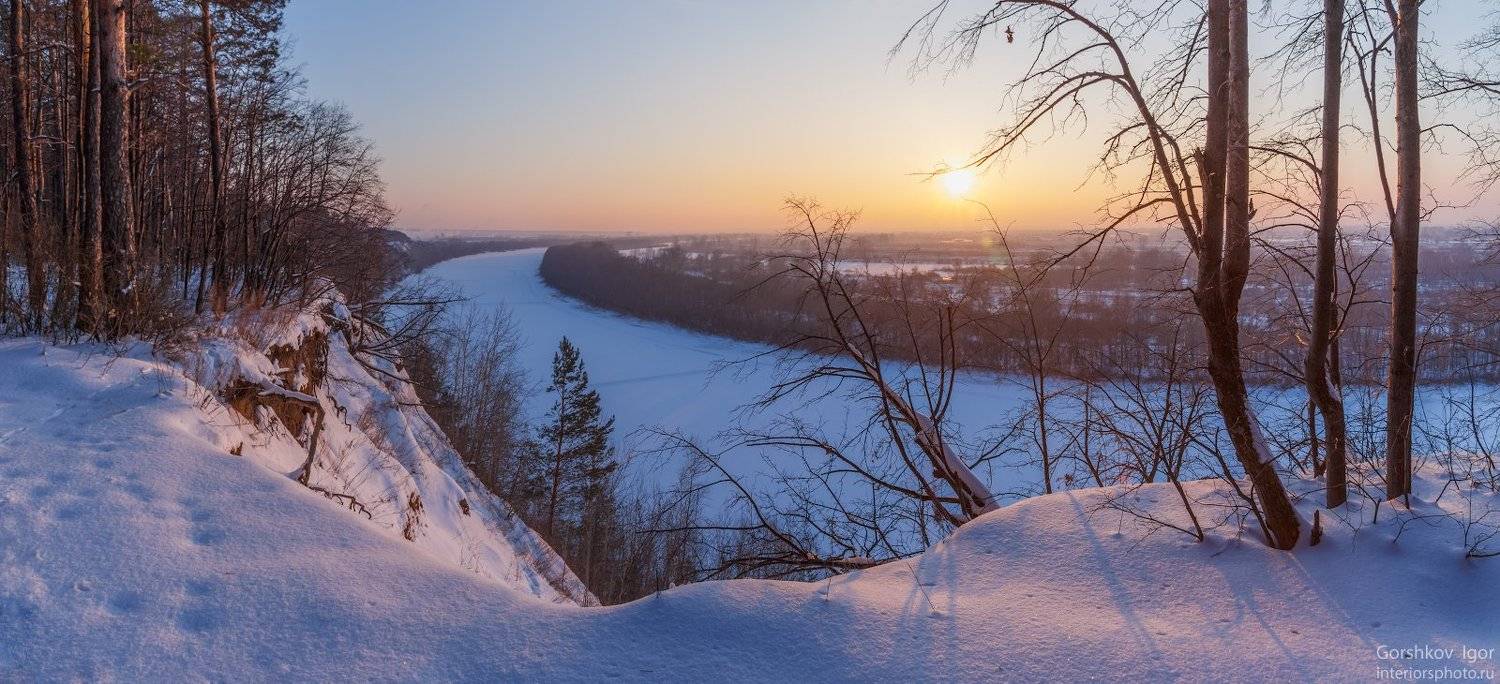 закат,зима,пейзаж,кама,река,мороз,обрыв,снег,лёд,лес, Горшков Игорь