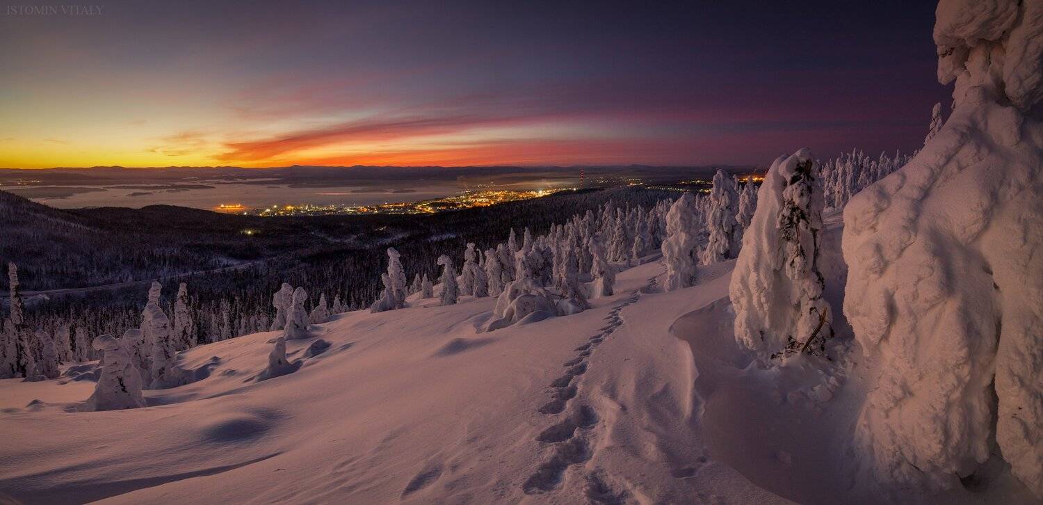 пейзаж,снег,зима,сопки,цвет,россия,закат,следы,панорама,сопки,кольский,север, Виталий Истомин