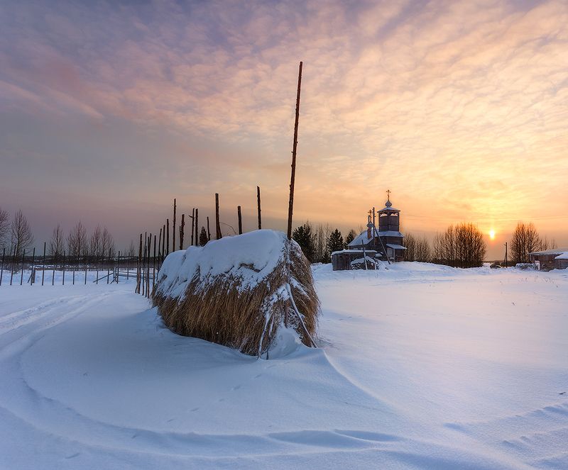 пинега, остров, церковь, зима, деревня, пейзаж, рассвет *** фото превью