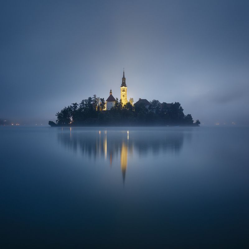 island, bled, lake, slovenia, square, reflection, mirroring, fog, mist, morning, europe, church, tower, mood Mysterious Island фото превью