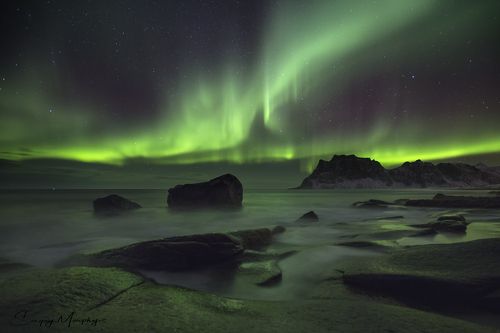 Rocks & Northern Lights. Lofotens. Norway.