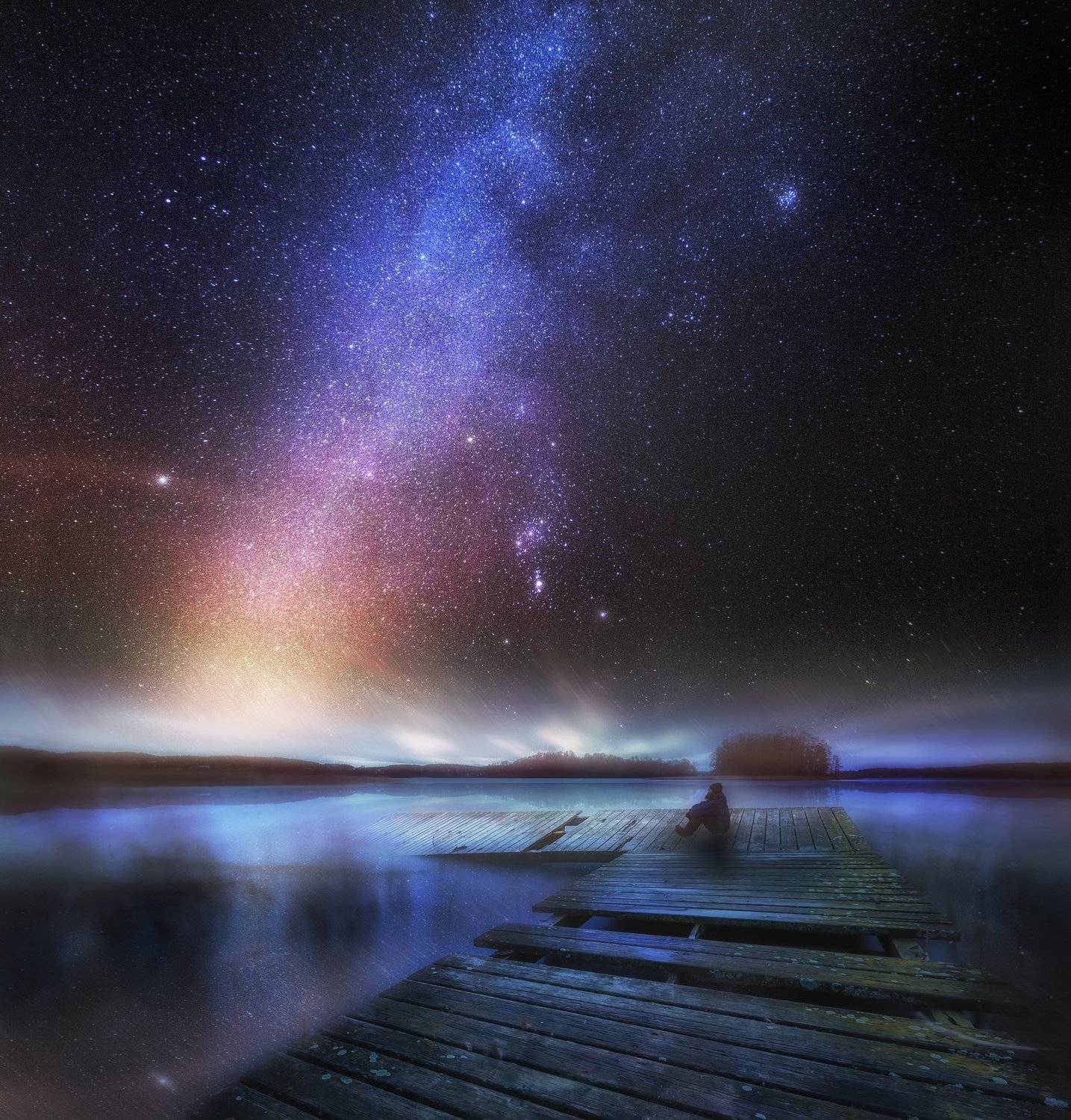 landscape, milky way, lake, poland, olsztyn, man, silhouette, jetty, destroyed, long exposure, starry, stars, orion,, Milosz_Guzowski