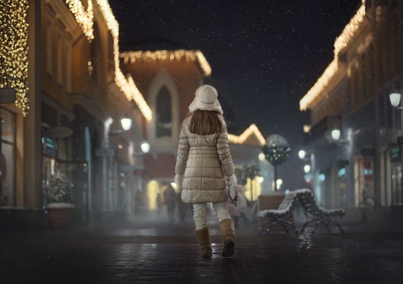 зима, вечер по ночному городу фото превью