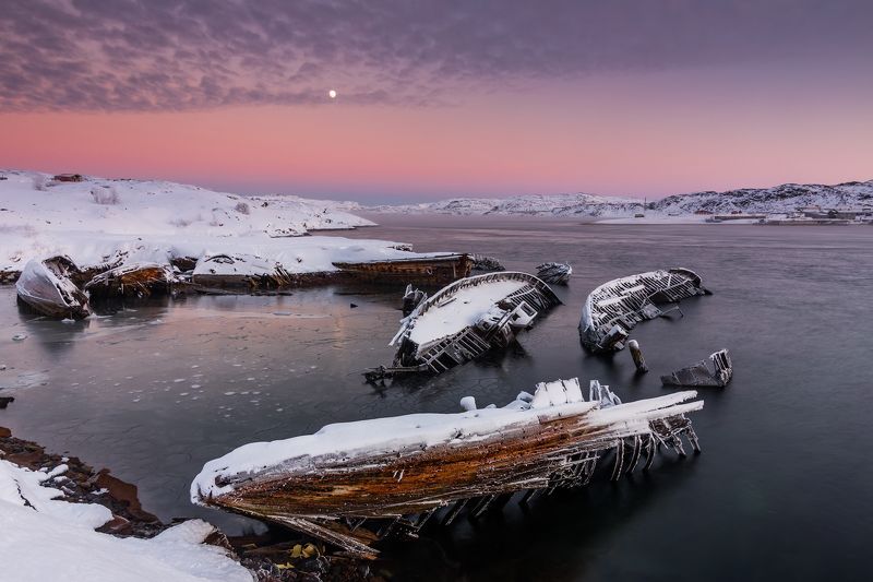 териберка, зима, море ,снег, зима, закат Тлен фото превью