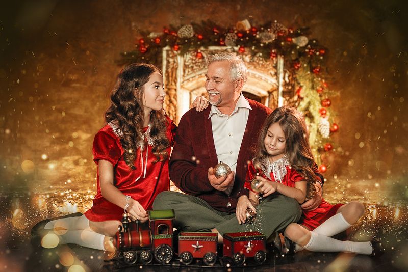 внучка, дедушка, сестры, новый год, рождество, сказочное фото Рождество у дедушки фото превью