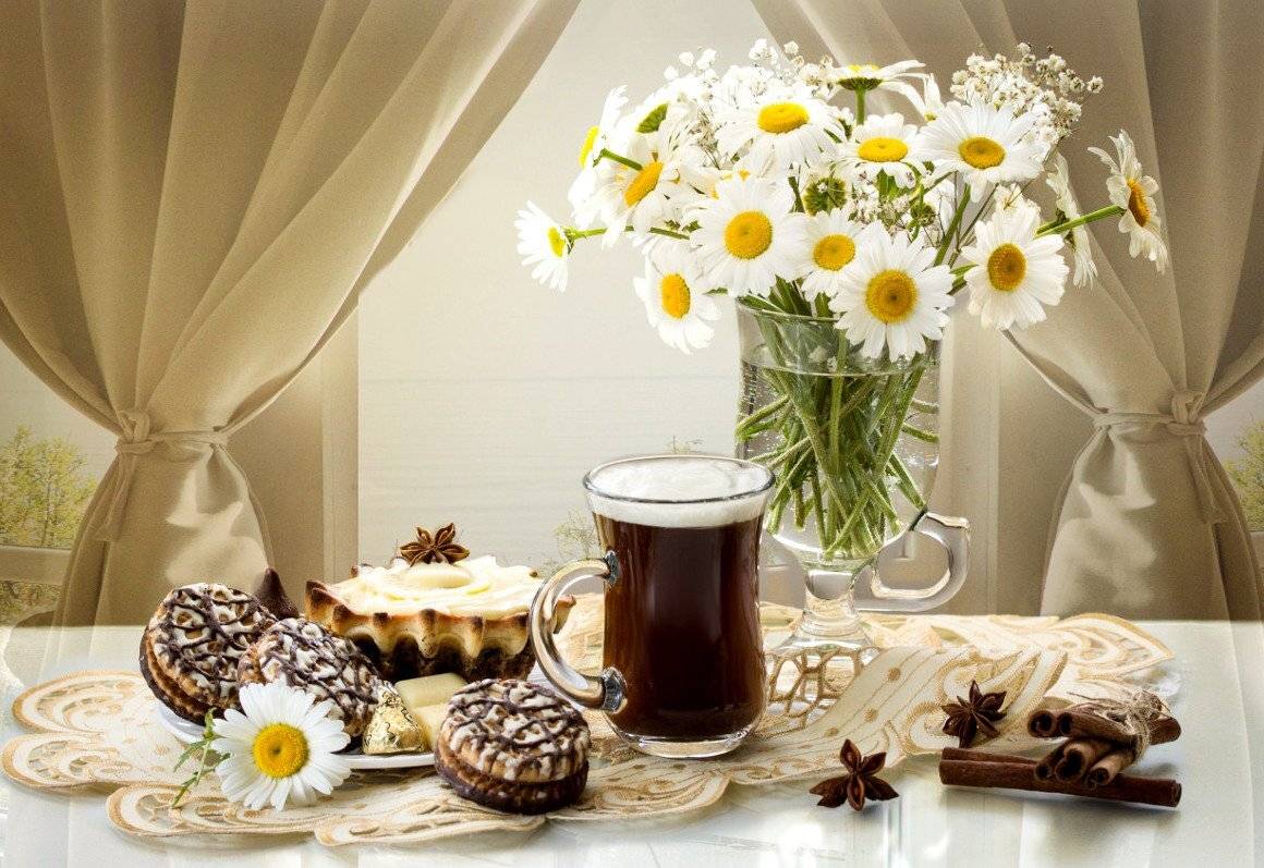 утро, натюрморт, кофе, печенье, букет, ромашки, Шруб (Беляева) Татьяна