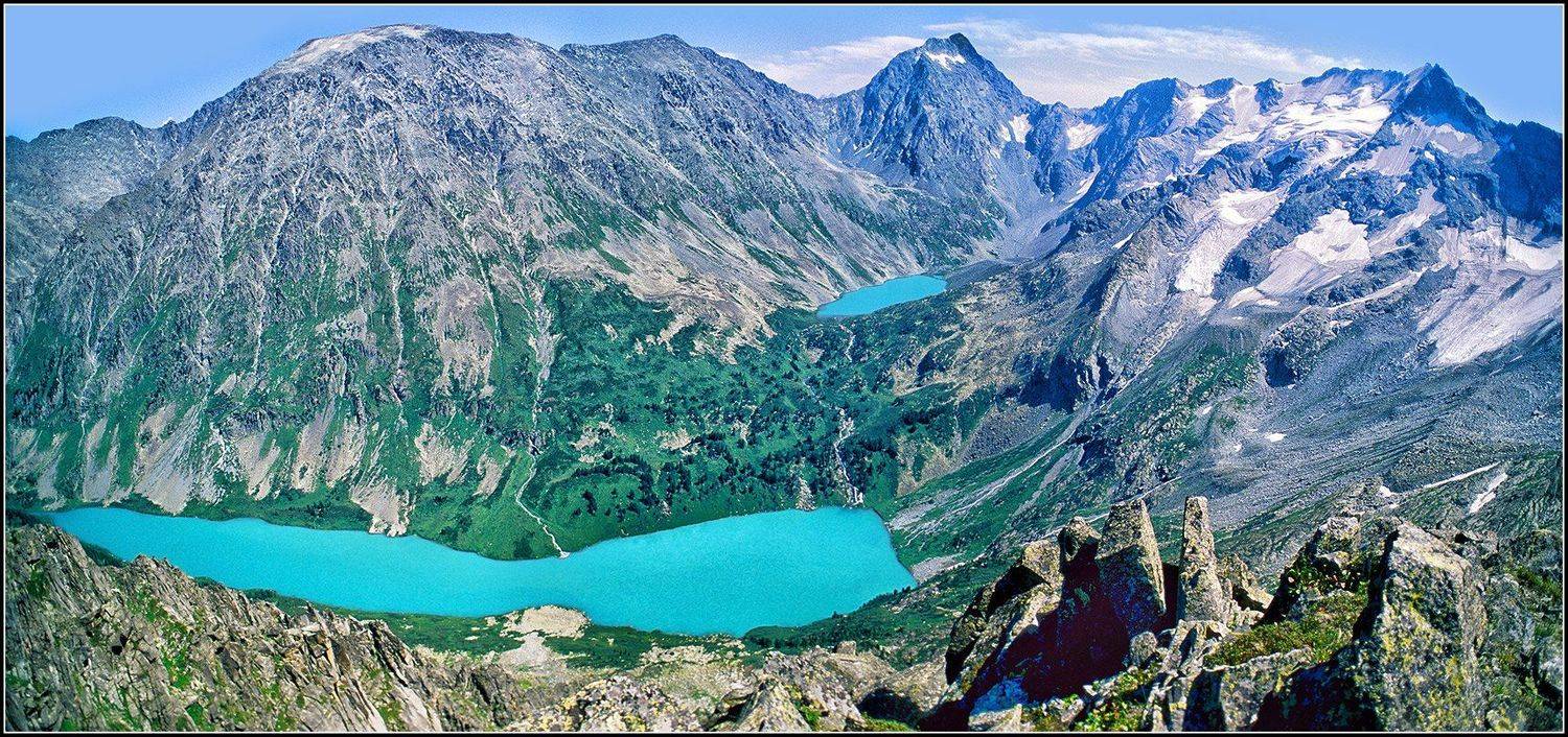 алтай, катунский хребёт, истоки р.мульта, поперечные озёра, панорама, скан с плёнки 1996 г., АНАТОЛИЙ ДОВЫДЕНКО