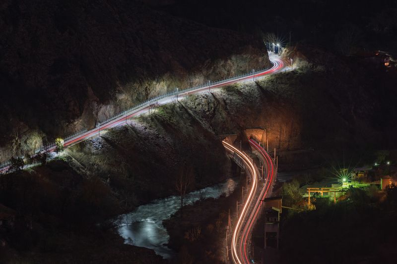 night, light, landscape, mountain, trails, river, travel  Crossroad фото превью