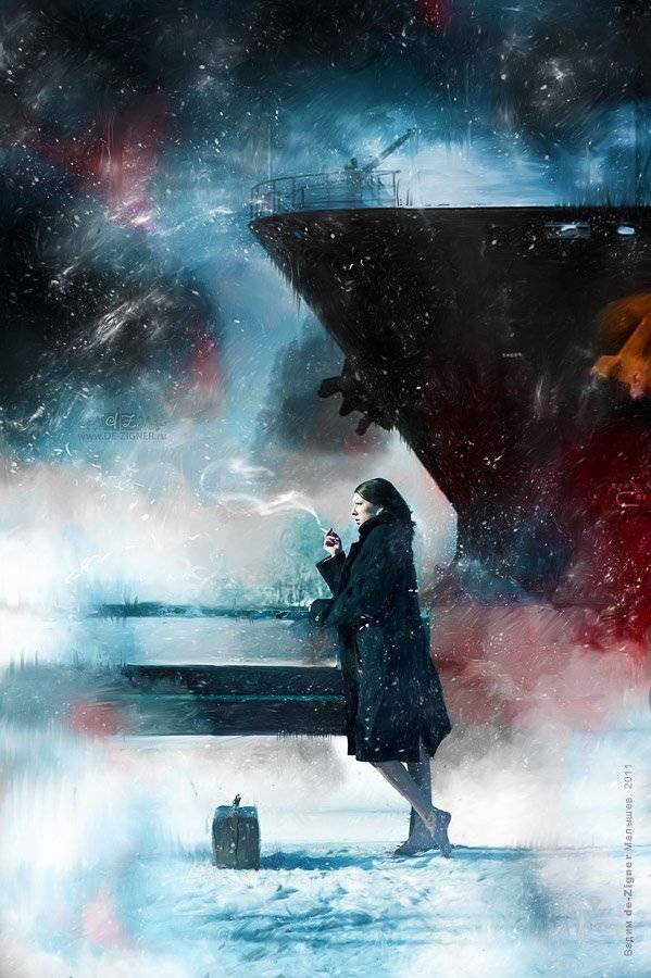 девушка, босиком, корабль, зима, снег, причал,, Вадим