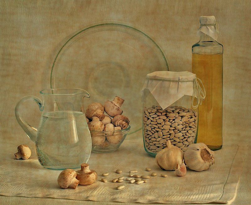 натюрморт, грибы, шампиньоны, посуда, свет, фактура Грибная серия фото превью