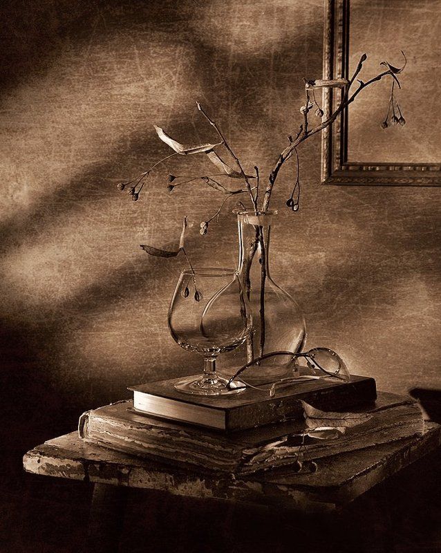 натюрморт, стекло, посуда, ветка, книги, очки, свет, текстура, настроение, тишина Тишина... фото превью