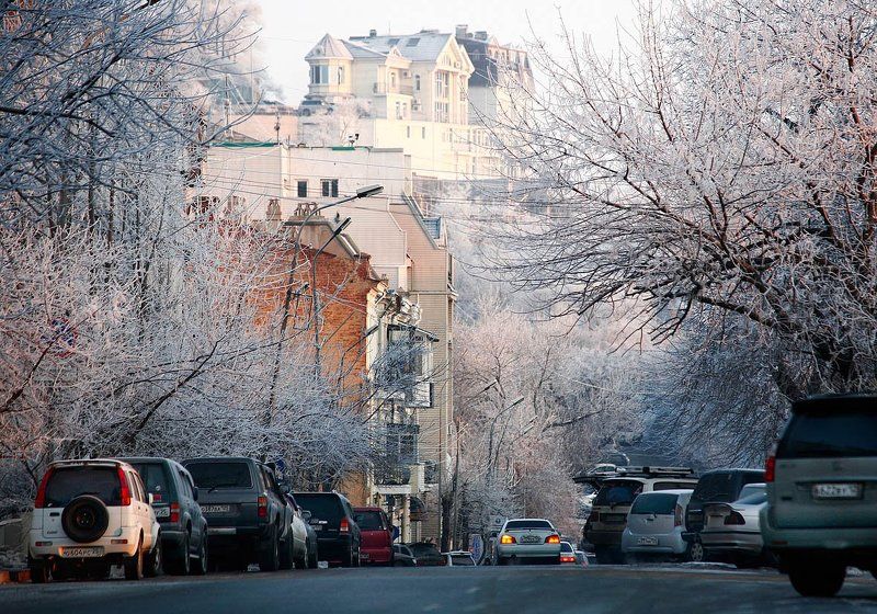 зима,иней,город, утро фото превью