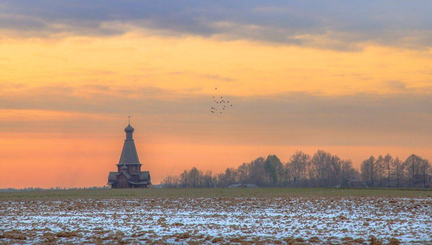 осень, снег, храм, поле, Виктор Климкин