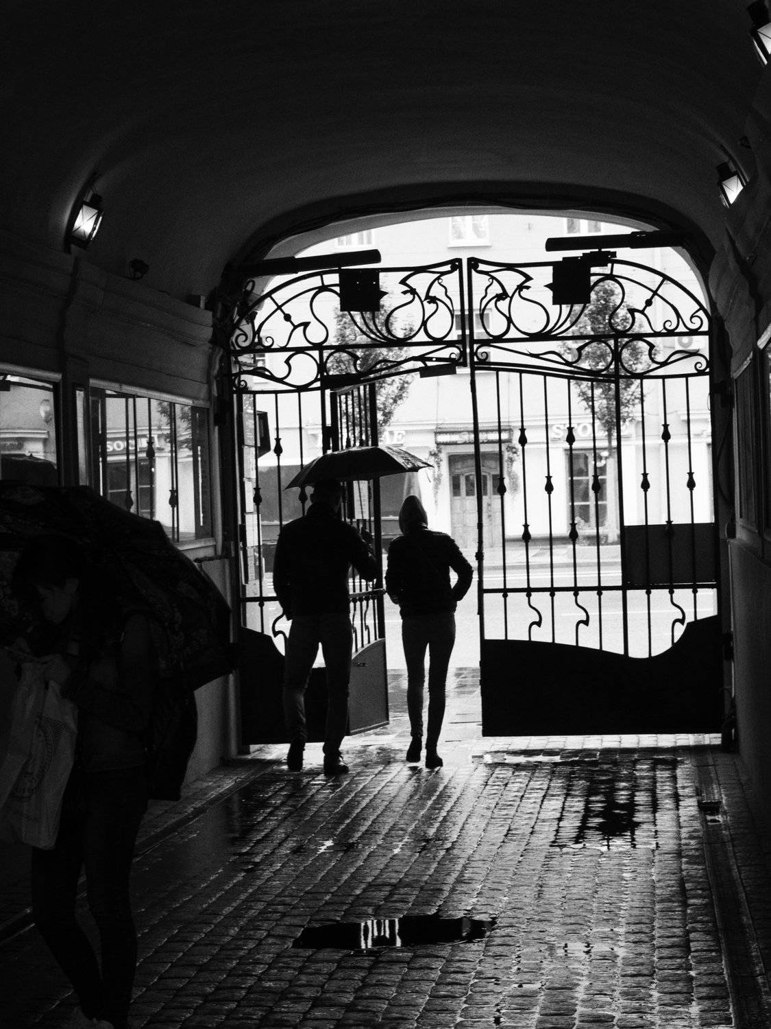 Moscow, Russia, Summer, Rain, Couple, Romance, Black and white, Monochrome, Elena Beregatnova