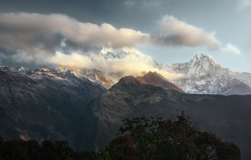 nepal, непал, горы, mountain; landscape; nature; sky; view; annapurna, dramatic, scenic; travel, Холодный рассвет фото превью