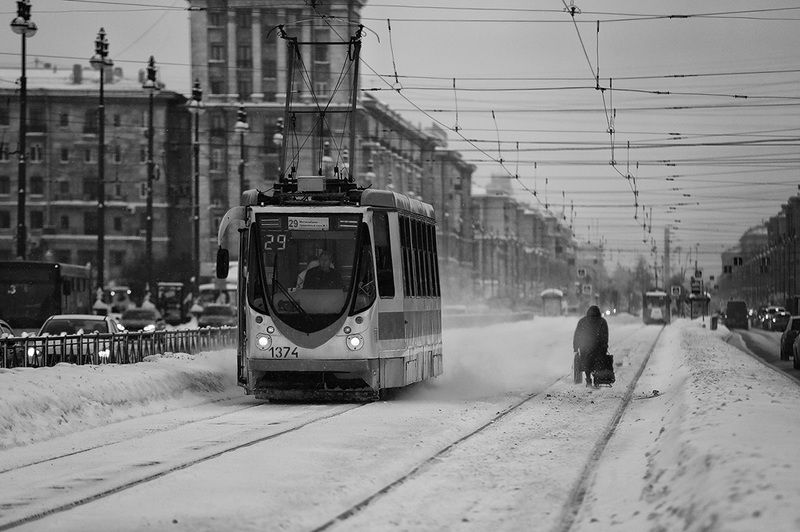 питер, шпалы, трамвай, дорога, транспорт, пешеход, сумка, ноша, домой, метель, снег, зима Дорога домой у каждого своя. фото превью