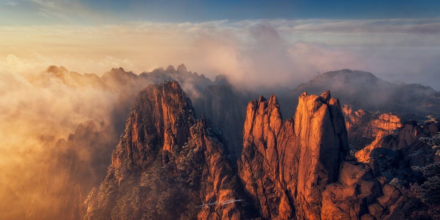 landscape， sunset， fog， light，, wenmin zhang