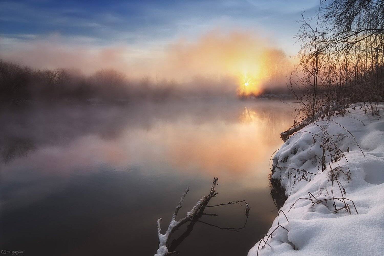 река,дерево, екатеринбург, вода,облака,зима, сказка, праздник, настроение,пейзаж, акварель, снег,деревья,туман,исеть,мягкость, Антон Кошетаров