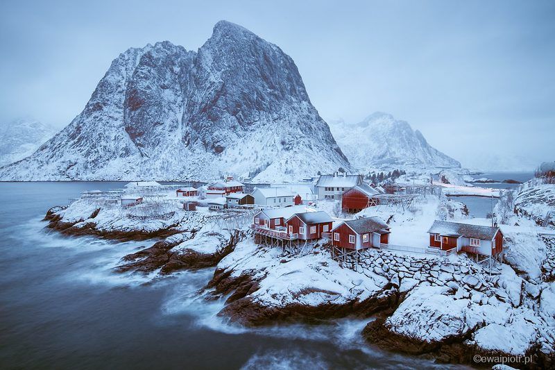 Norway, Lofoten, Hamnoy, snow, mountain,  Hamnoy in the snow фото превью