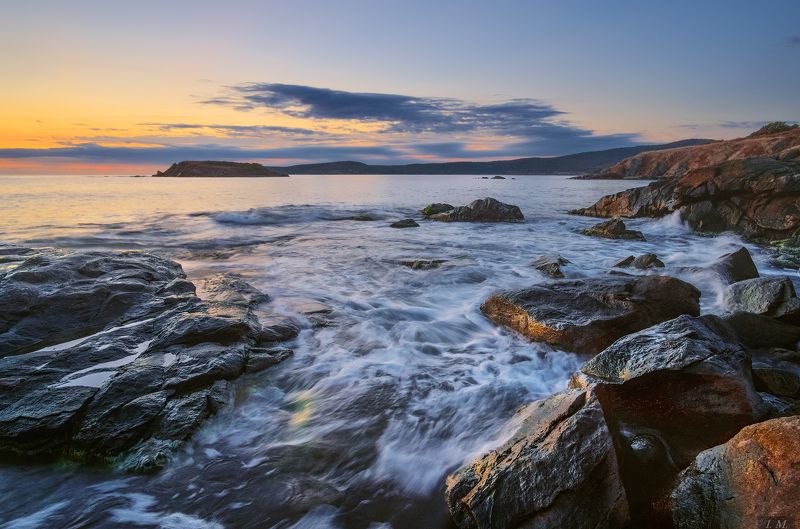 Bulgaria, fall, island, morning, seascape, sunrise, water, waves, Болгария, волны, камни, море, прибой, рассвет, скалы, Утро, Черное море, black sea, rocks, Arkutino, Аркутино, Saint Thomas, wide angle Болгария. Утро на Черном море фото превью