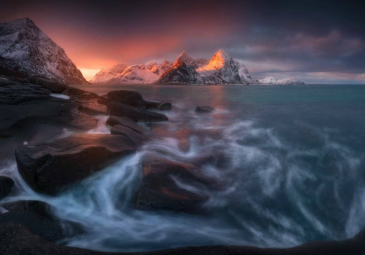 vareid lofoten norway sunrise sea rocks mountain , Roberto Pavic