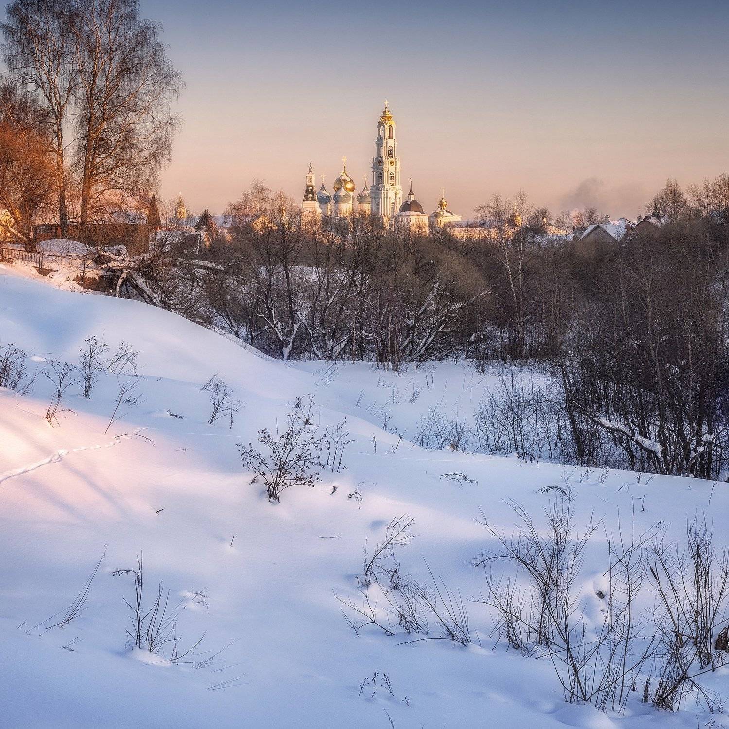 россия, храм, небо, зима, река, закат, пейзаж, архитектура, сергиев посад, Павел Ныриков