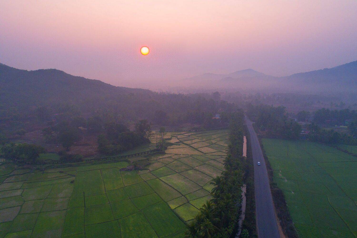 Индия, Гоа, восход, дорога, туман, аэро, aerial, Борис Резванцев
