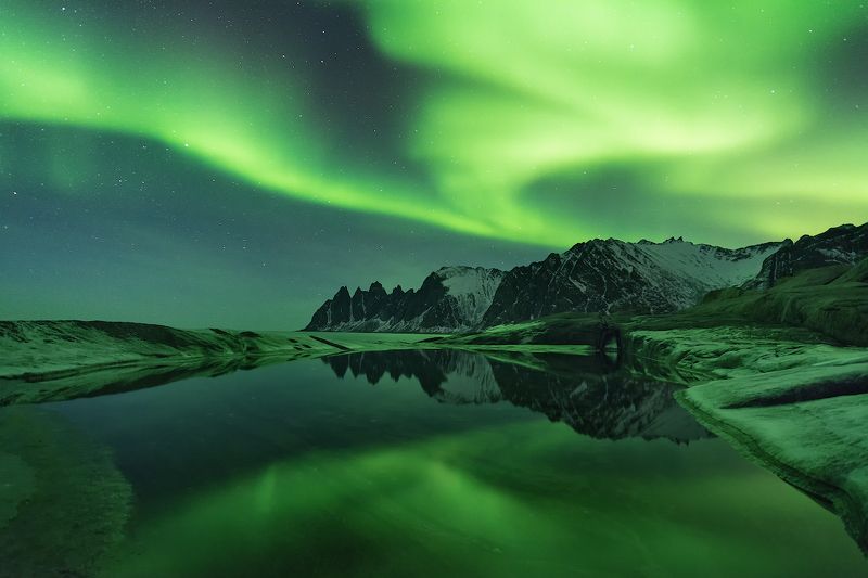 норвегия, сенья, аврора, полярное сияние, ночной пейзаж Аврора над Зубами дьявола фото превью