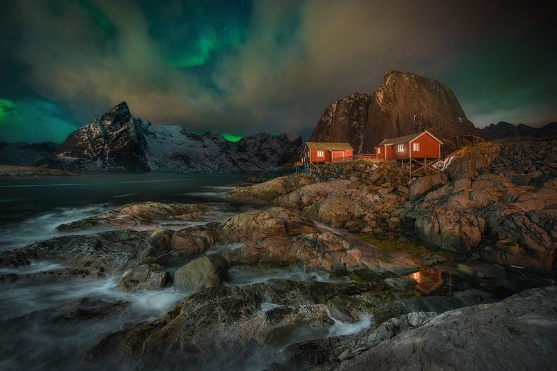 Лофотенские острова, Лофотены, зима, полярное сияние Рыбацкая деревня фото превью