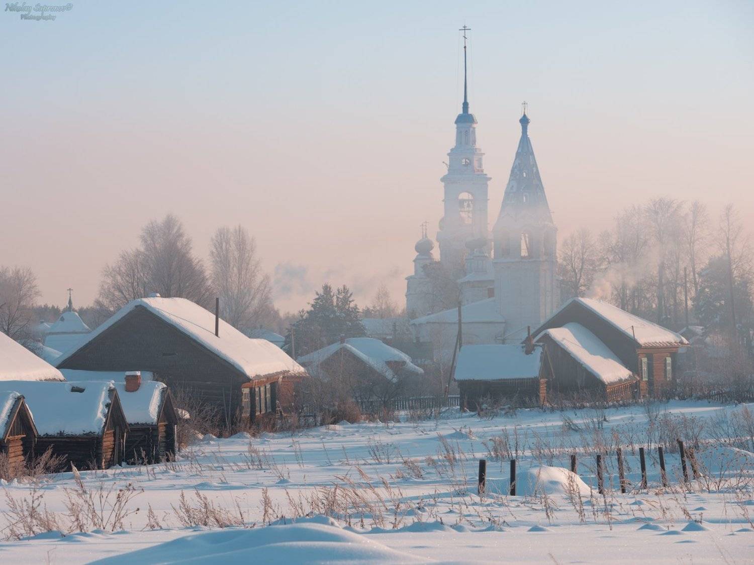 ивановская область, монастырь, храмы, село, русский пейзаж, пейзаж, мороз, морозное утро, провинция, домики, избы, дым, дымка, Николай Сапронов