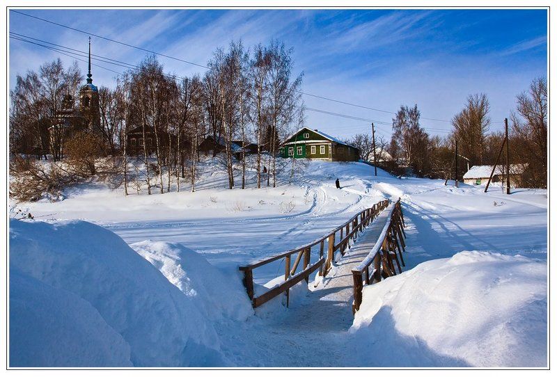 зима, пейзаж, снег, деревья, церковь, мост, город зима в уездном городе фото превью