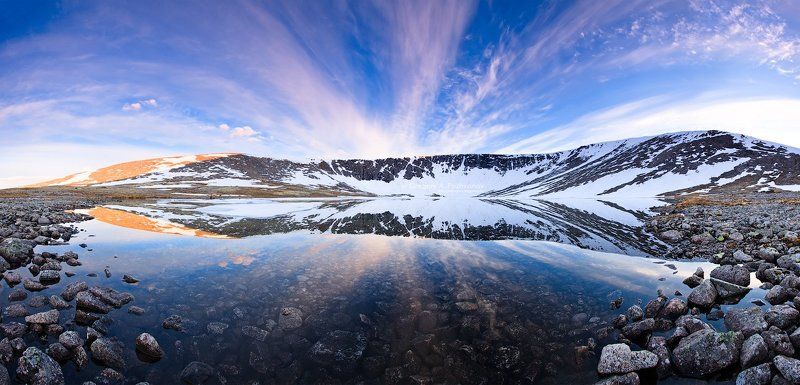 космос, заполярье, кольский, полуостров, озеро, академическое, кукисвумчорр, касканюнйок, панорама, цирк, полночь, полярный, день, облака, вода, отражение, спокойствие, тишина Космос Заполярья (ночью Полярного дня), панорама фото превью