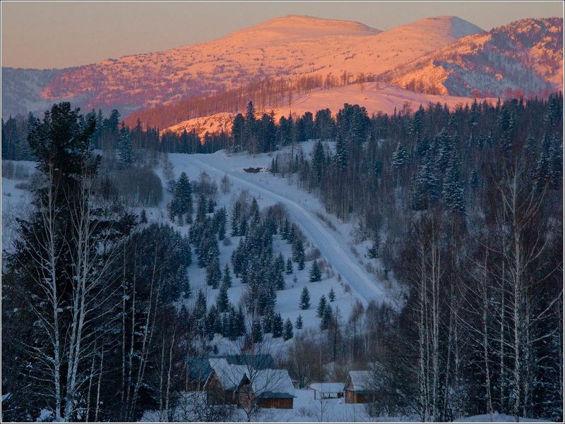 зима, снег, закат, лес , солнце Дорога к солнцу фото превью