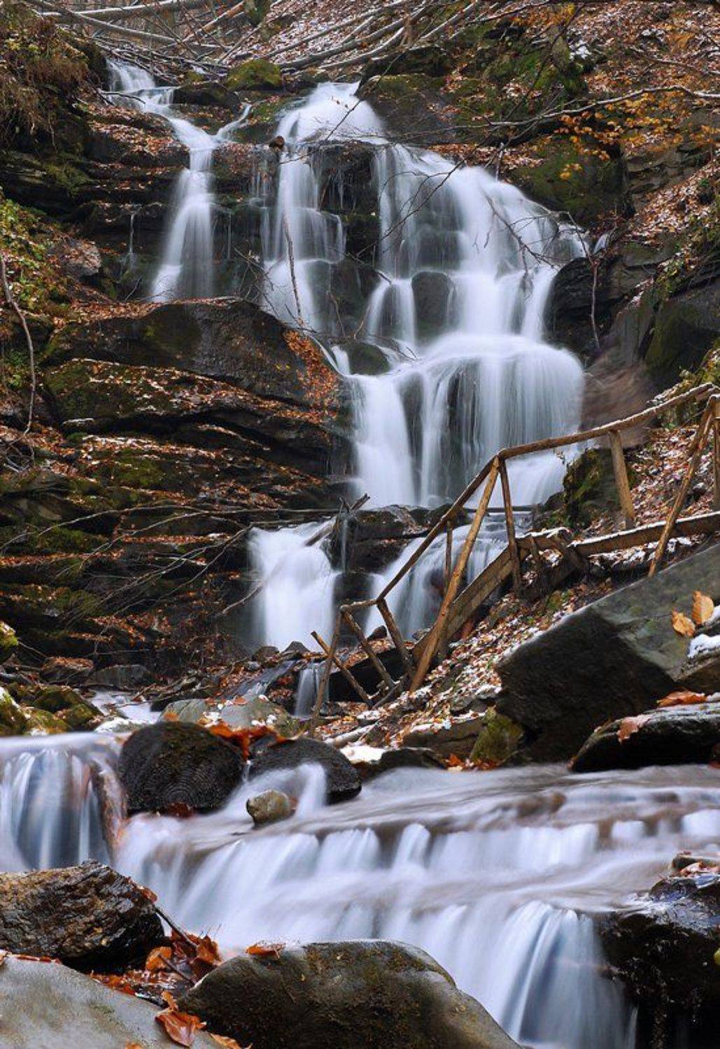 вода, водопад, осень, речка, камни, снег, Макс