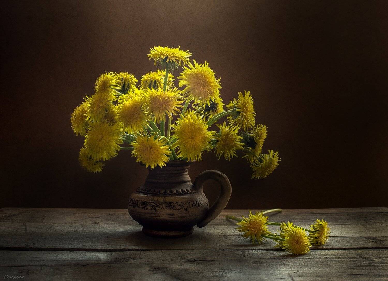 натюрморт,букет,одуванчик, цветы,трава,молочник, Инаида