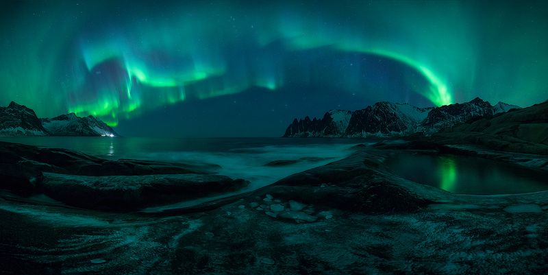 norway aurora borealis night green landscape seascape  djevelens tanngard I фото превью