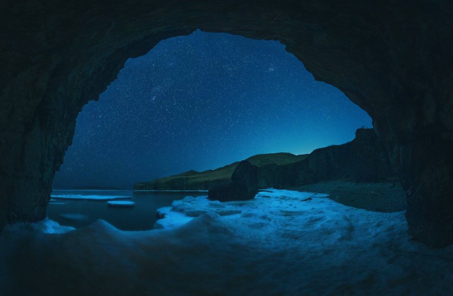 ночь, звёзды, панорама, зима, лёд, скалы, море, Андрей Кровлин