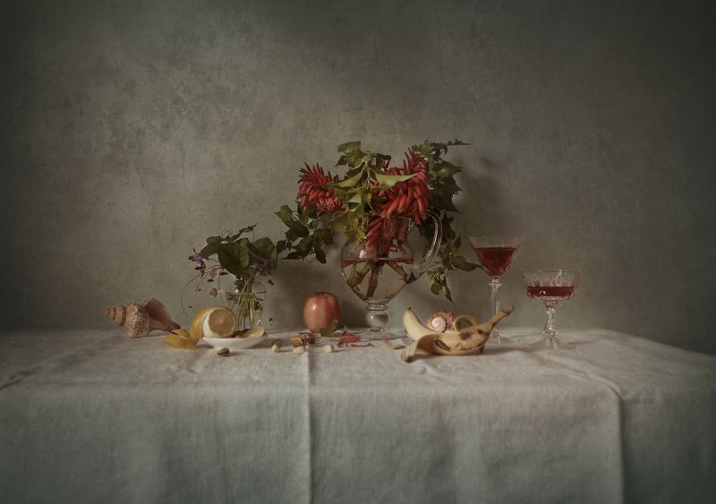 wine, flowers, lemon, glass, shells *** фото превью