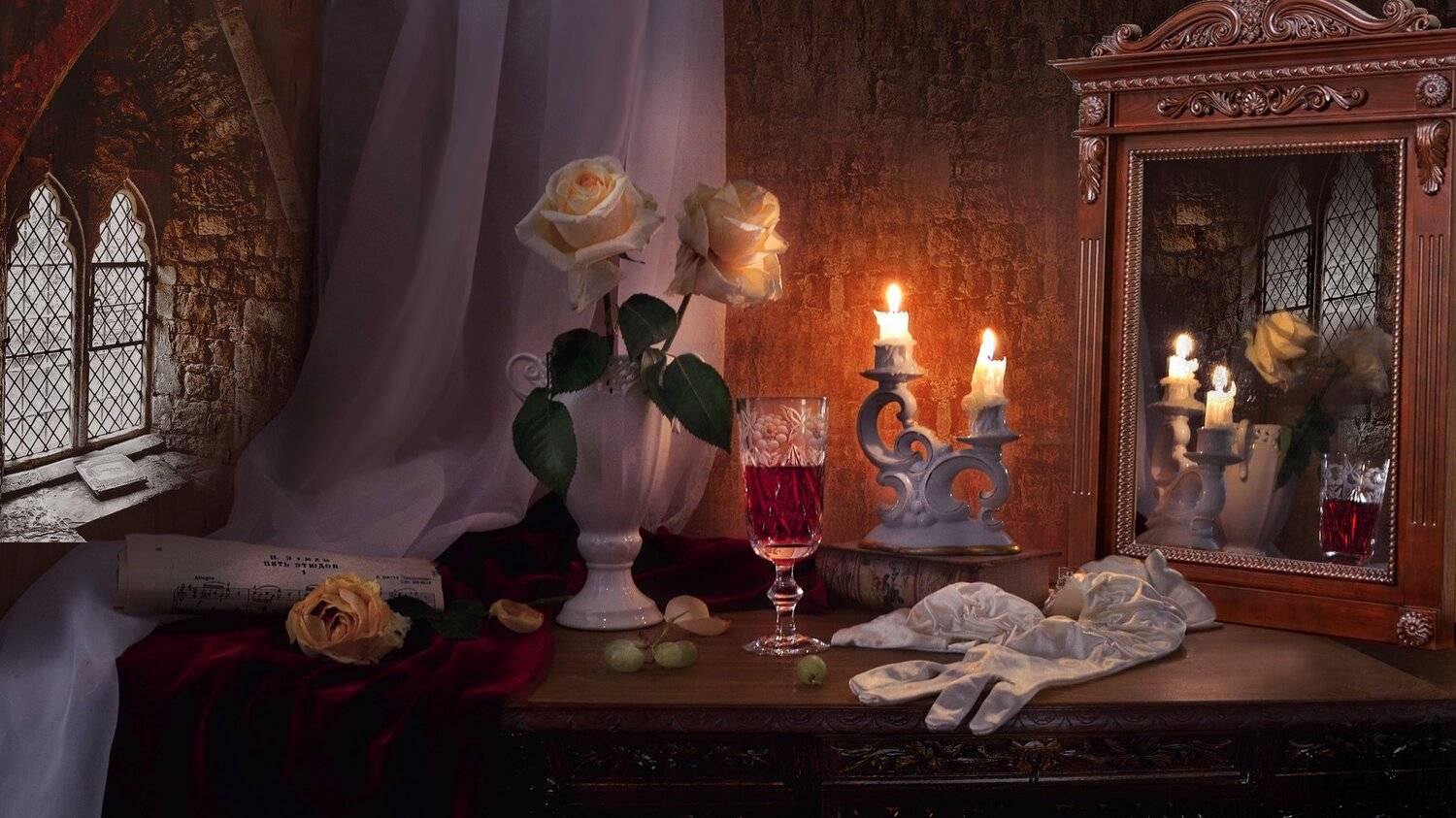 still life,натюрморт, зеркало, зима, ноты, отражение, подсвечник, розы, свечи, фарфор, февраль, фото натюрморт, хрусталь, цветы, Колова Валентина