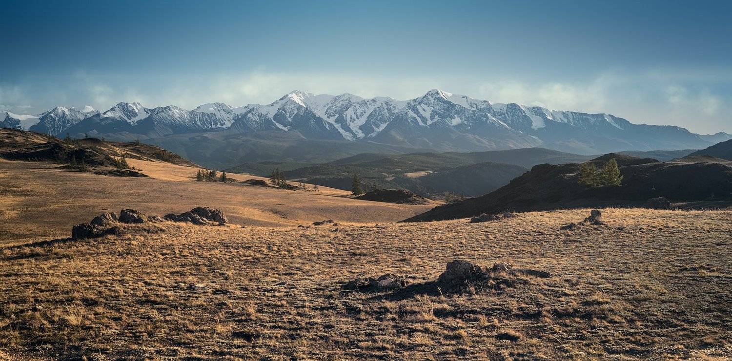 пейзаж, природа, горы, вершины, хребет, степь, долина, вечер, снег, ледники, камни, скалы, высокий, большой, красивая, Алтай, Сибирь, Курай, Чуйский, Дмитрий Антипов