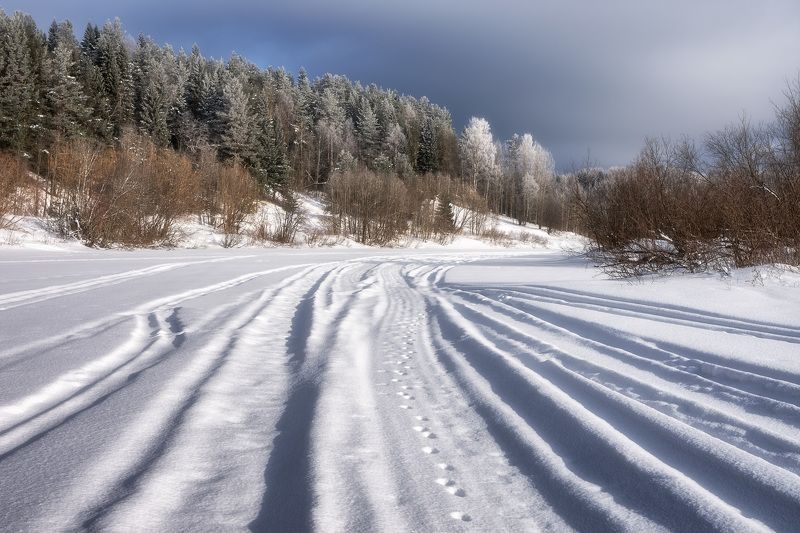 зима март лес иней река следы тени Рассыпался веер следов фото превью
