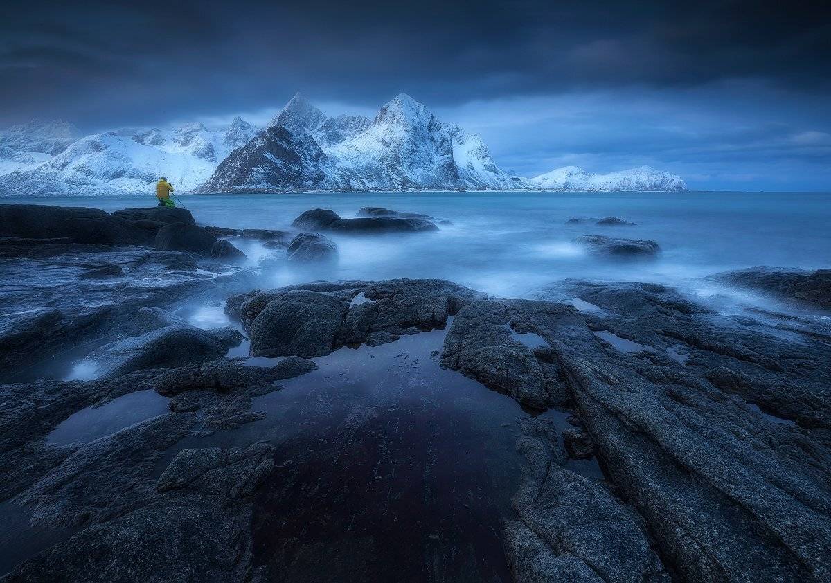 vareid lofoten norway blue hour sea ocean rocks mountains winter clouds , Roberto Pavic