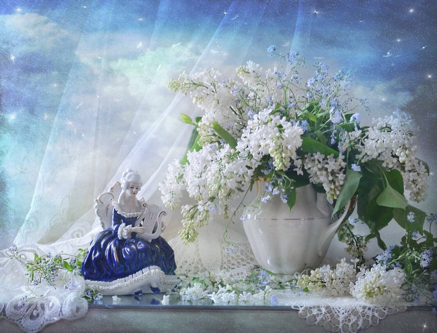 still life, натюрморт ,майское наваждение,фарфор, стихи, статуэтка,белая сирень,настроение, май, весна, Колова Валентина