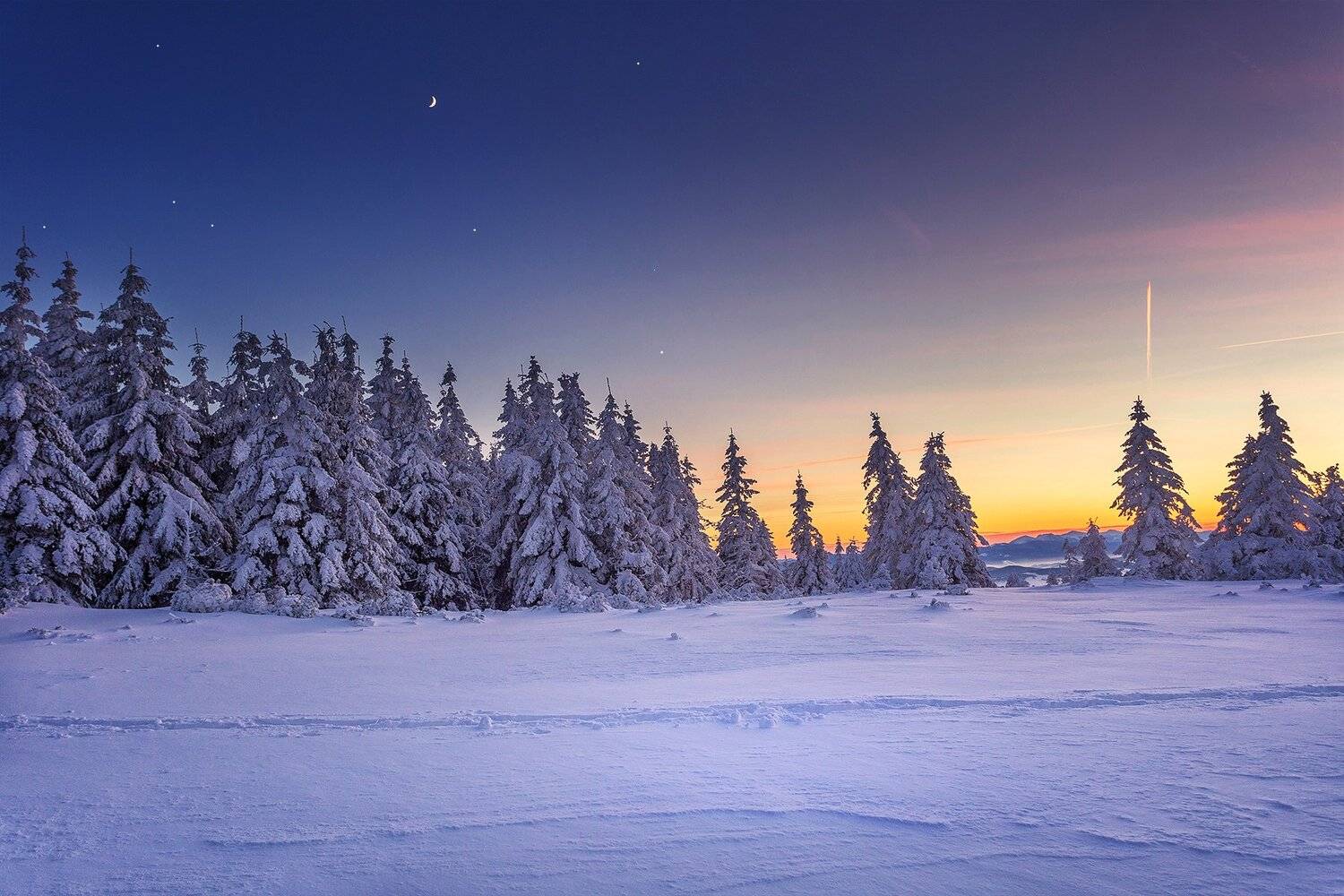 winter, night, sunset, stars, trees, Beskids, Poland, snow, Patrycja Towarek
