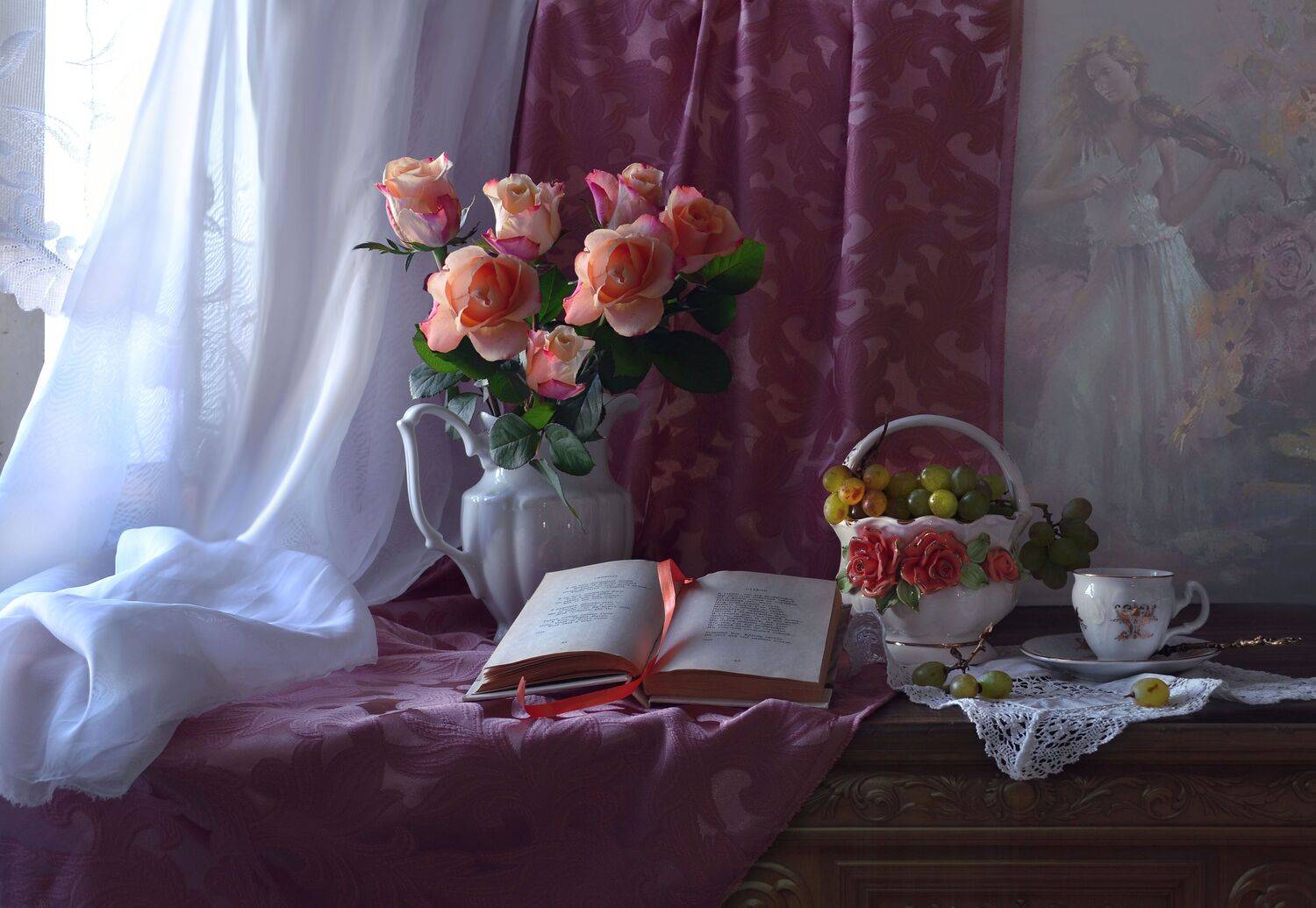 still life, натюрморт ,весна, виноград, закат, книга, март, настроение, розы, стихи, фарфор, фото натюрмот, цветы, картина, Колова Валентина