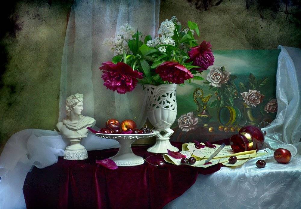 still life, натюрморт , бюст аполлона, живопись, картина, кисть, красные пионы, масло, ноты, пионы, сирень, фарфор, фрукты, холст, цветы, черешня, Колова Валентина