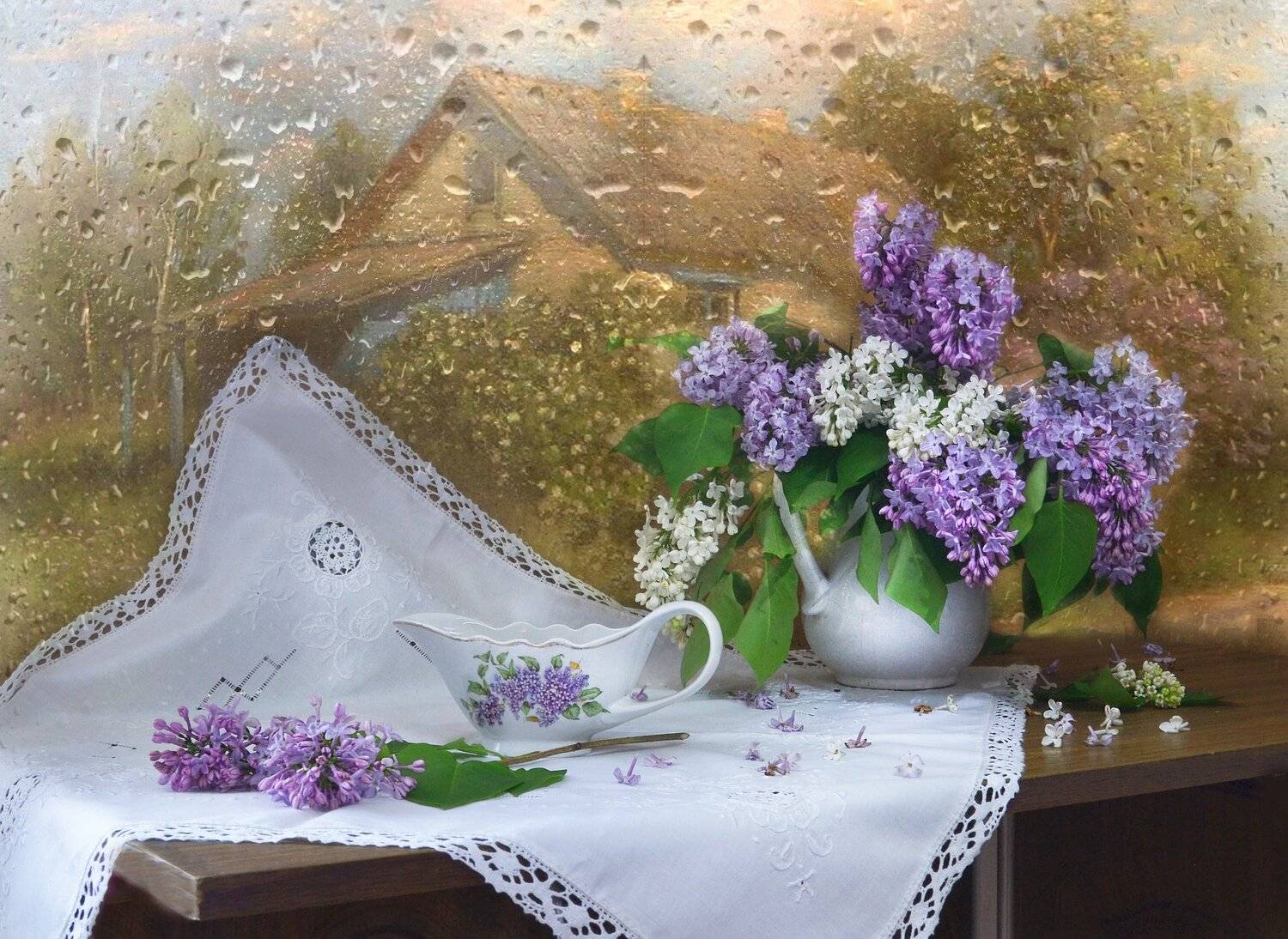 still life, натюрморт , июнь, летний дождь, лето, мокрое стекло, молочник, сиреневое счастье, сирень, стихи, фарфор, фото натюрморт, цветы, Колова Валентина