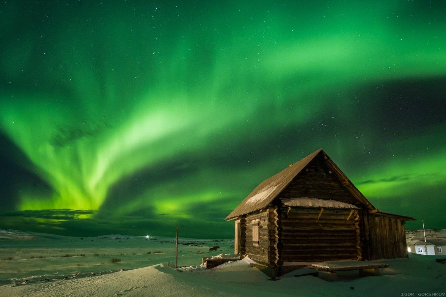 северное сияние,ночь,териберка,север,зима,небо,пейзаж,крайний север,дом,панорама, Горшков Игорь