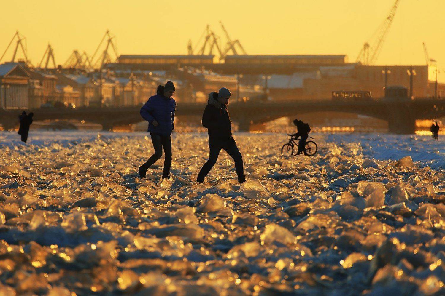 нева, река, лёд, ледышки, закат, мост, велосипед, пешеходы, ALLA SOKOLOVA