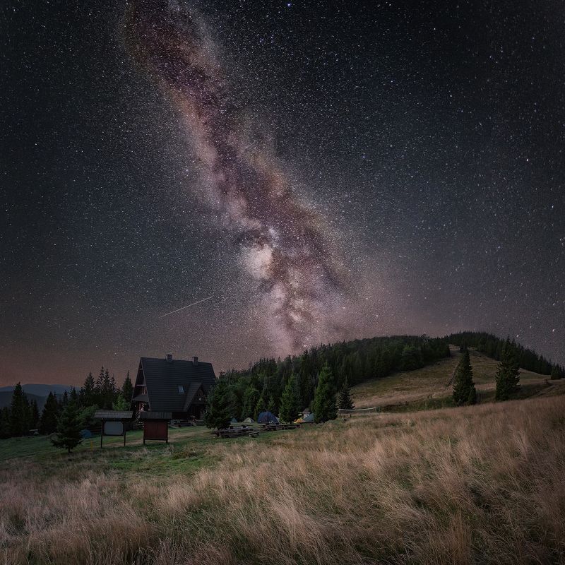 milky way, stars, night, mountains, Rycerzowa, Beskids, summer, storm, Poland, camping, Milky Way over Rycerzowa shelter фото превью